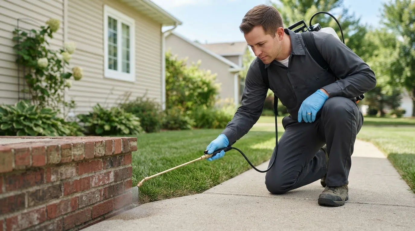 Pest control technician treating a home near Champlain, VA