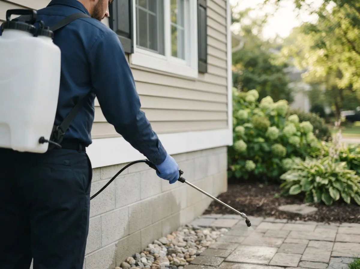 Pest control technician inspecting a home in Champlain, VA